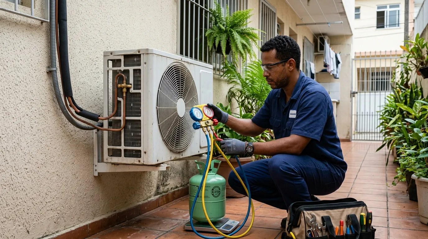 Técnico fazendo carga de gás na condensadora do ar-condicionado em Vitória da Conquista‑BA