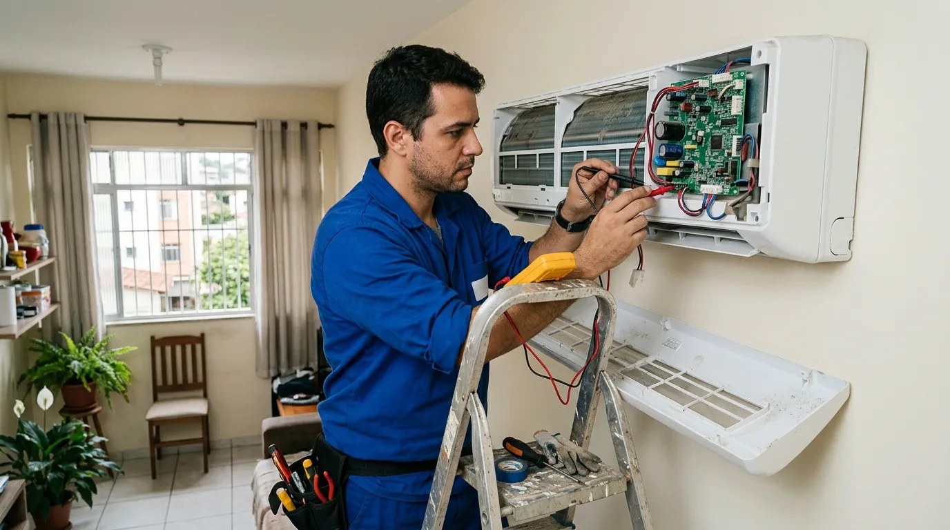 Técnico trocando a placa eletrônica de ar-condicionado split em Vitória da Conquista‑BA