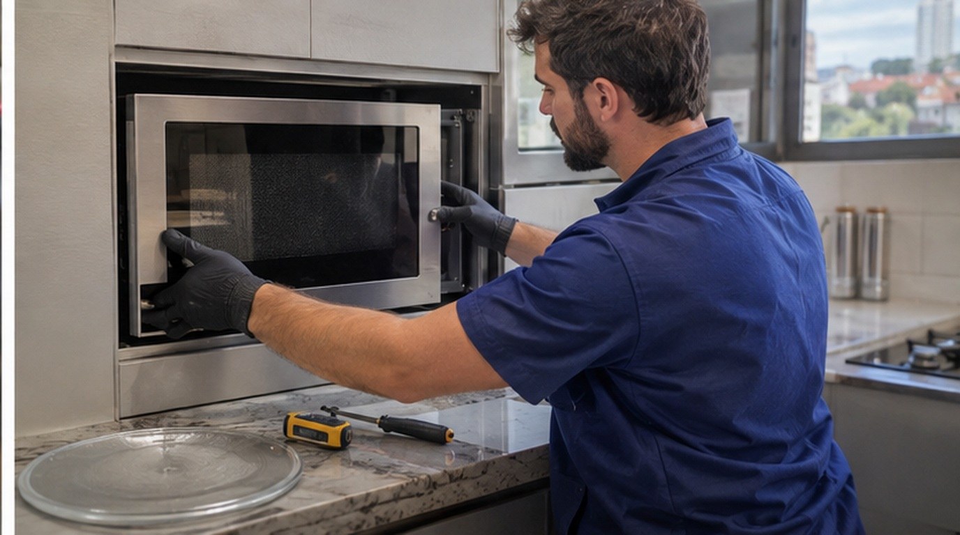 Conserto de micro-ondas de embutir em Vitória da Conquista‑BA: técnico encaixando o aparelho no armário