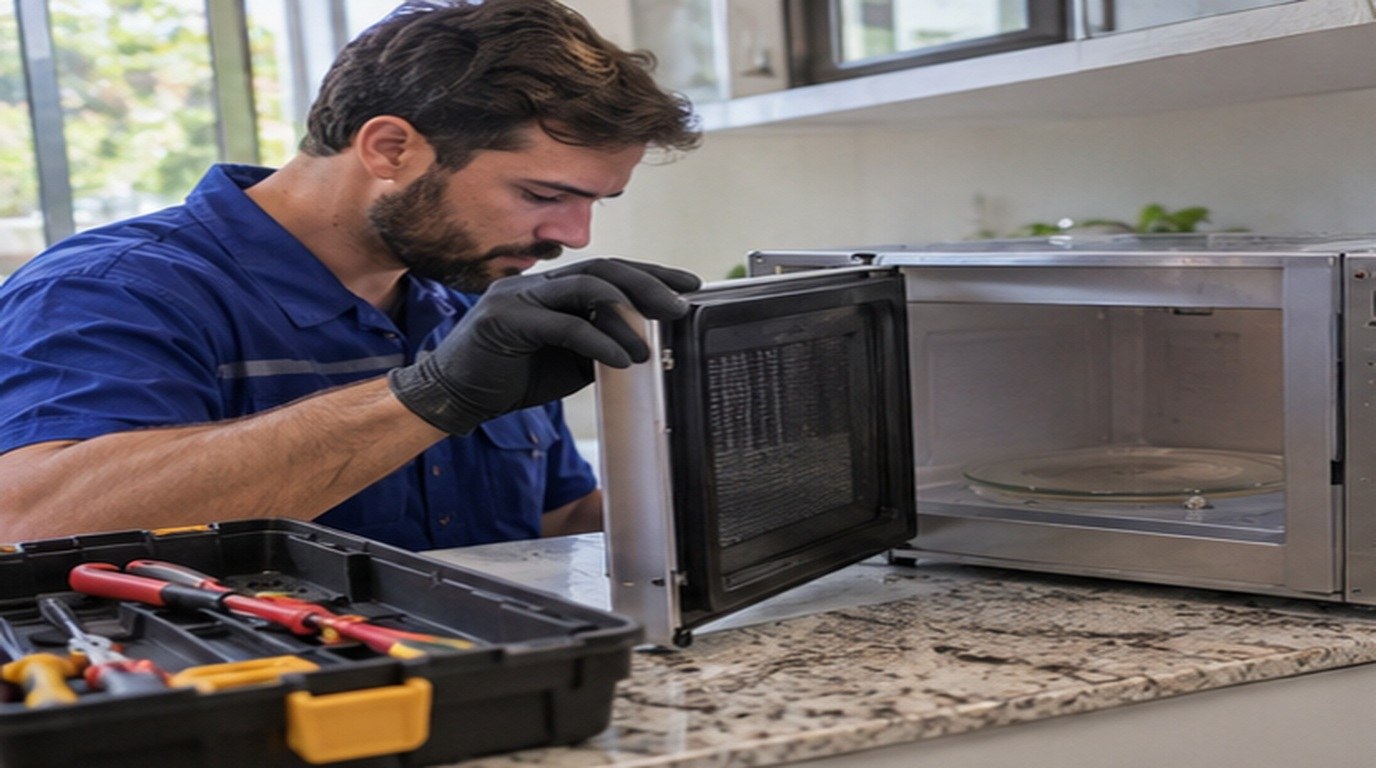 Conserto de micro-ondas em Vitória da Conquista‑BA: técnico abrindo um micro-ondas de bancada