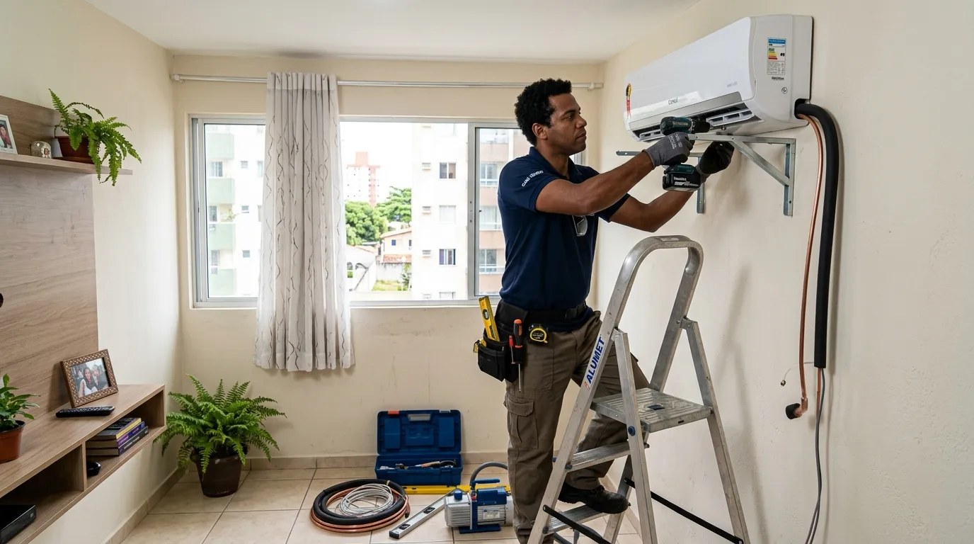 Técnico instalando ar-condicionado split em residência em Vitória da Conquista‑BA