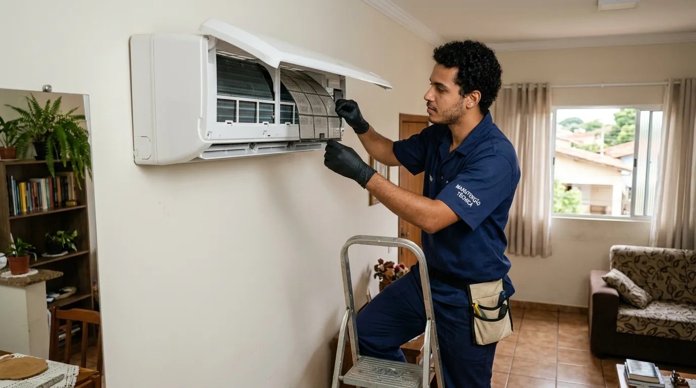 Técnico fazendo limpeza e higienização de ar-condicionado split em Vitória da Conquista‑BA