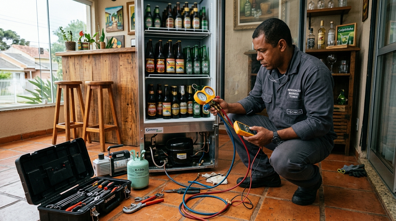 Técnico conferindo a temperatura de uma cervejeira durante atendimento em Vitória da Conquista‑BA