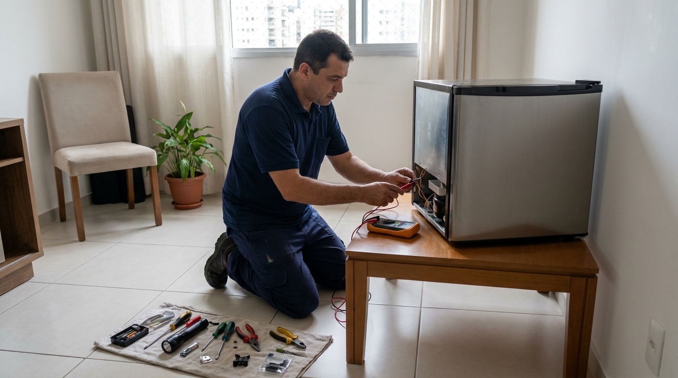 Técnico avaliando um frigobar compacto durante atendimento em Vitória da Conquista‑BA